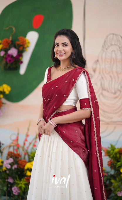 Vedika - White with Maroon Scape Silk Halfsaree Half Sarees