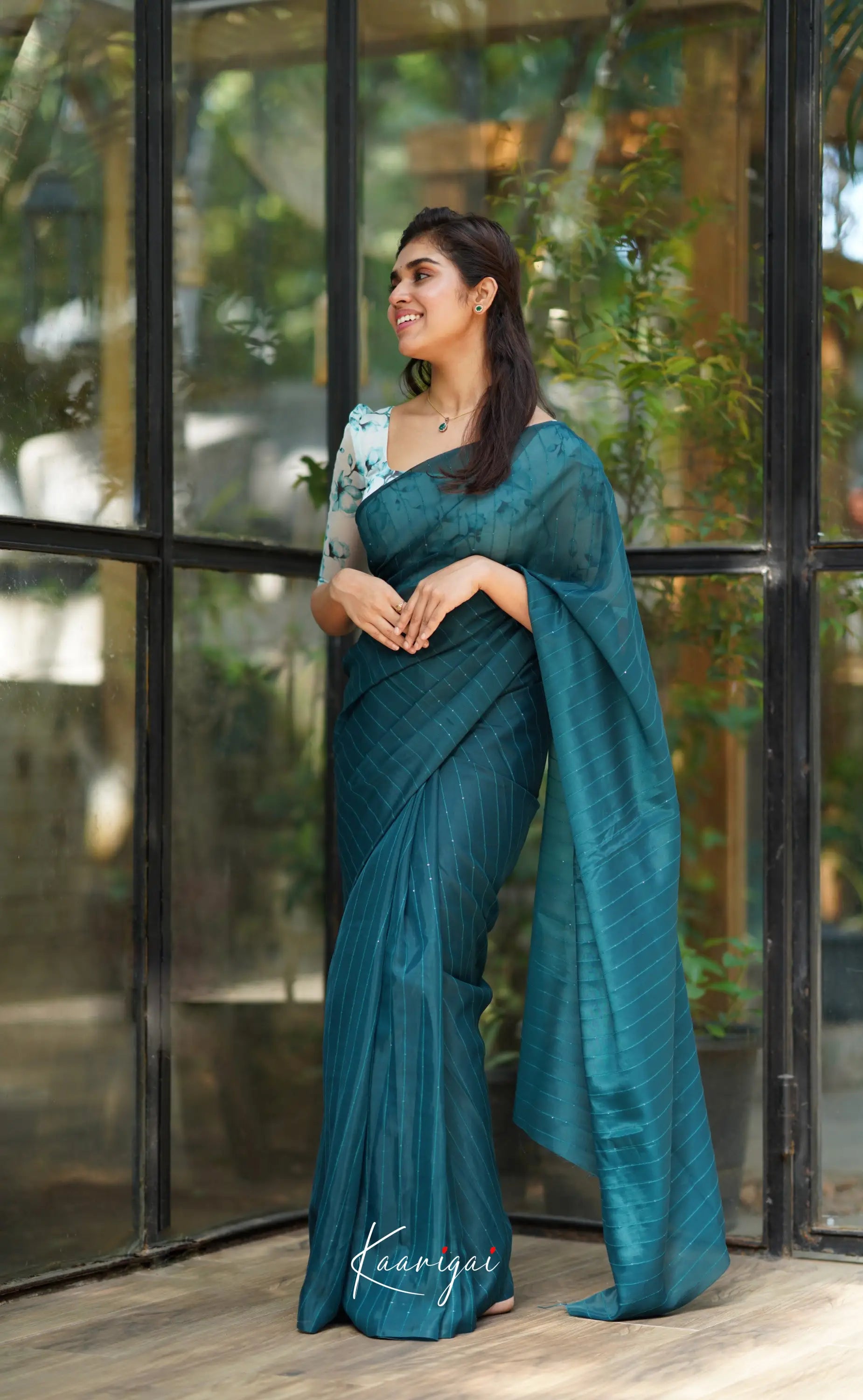 Vinathi - Teal Blue Shade Organza Saree Sarees