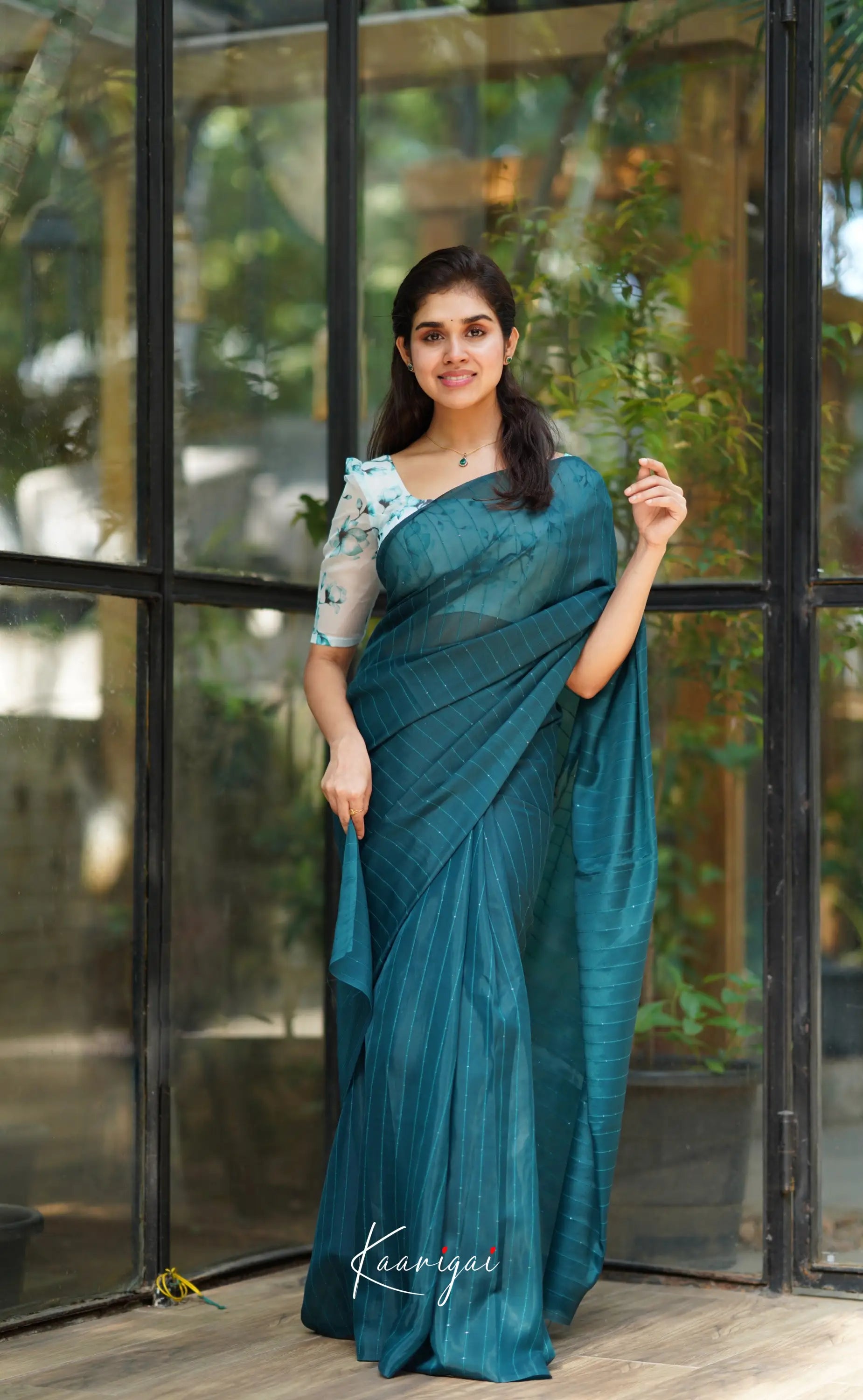 Vinathi - Teal Blue Shade Organza Saree Sarees