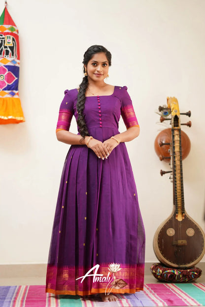 Violet Shade With Pink Cotton Long Gown Gown