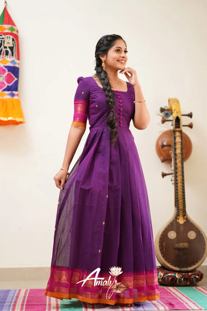 Violet Shade With Pink Cotton Long Gown Gown