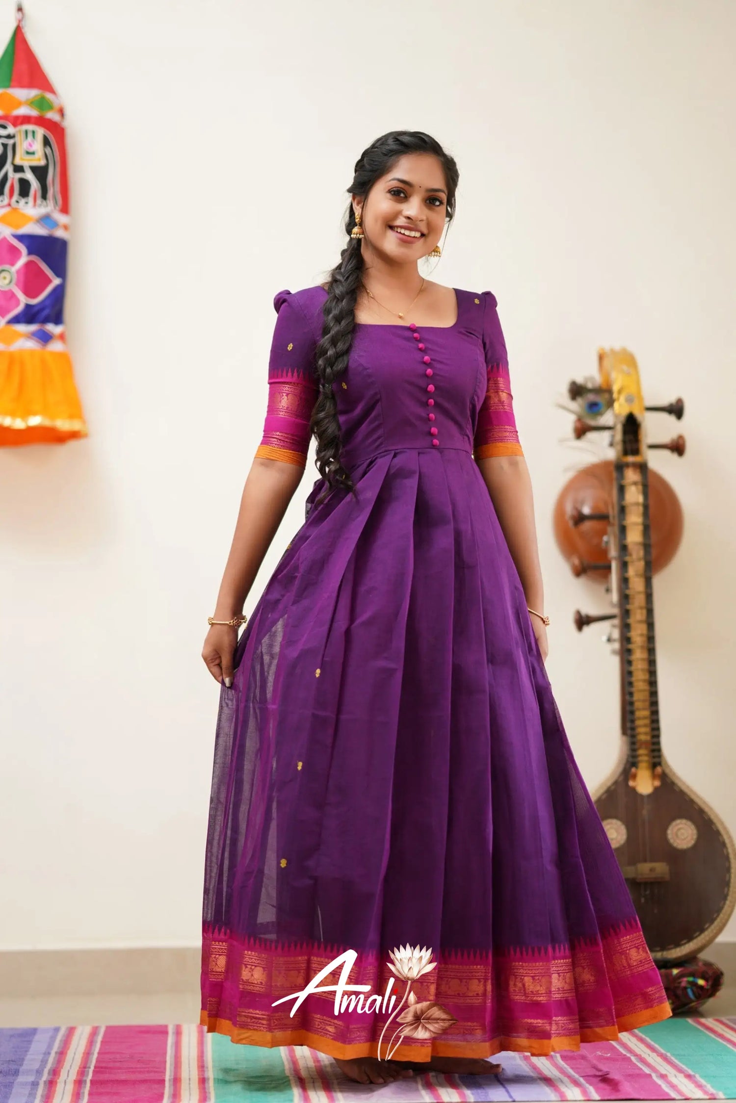 Violet Shade With Pink Cotton Long Gown Gown