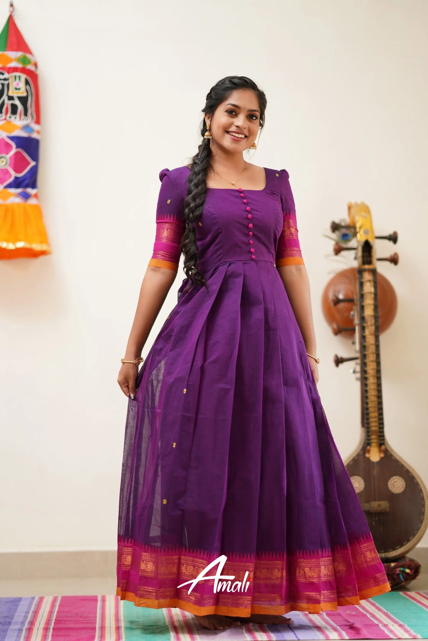 Violet Shade With Pink Cotton Long Gown Gown