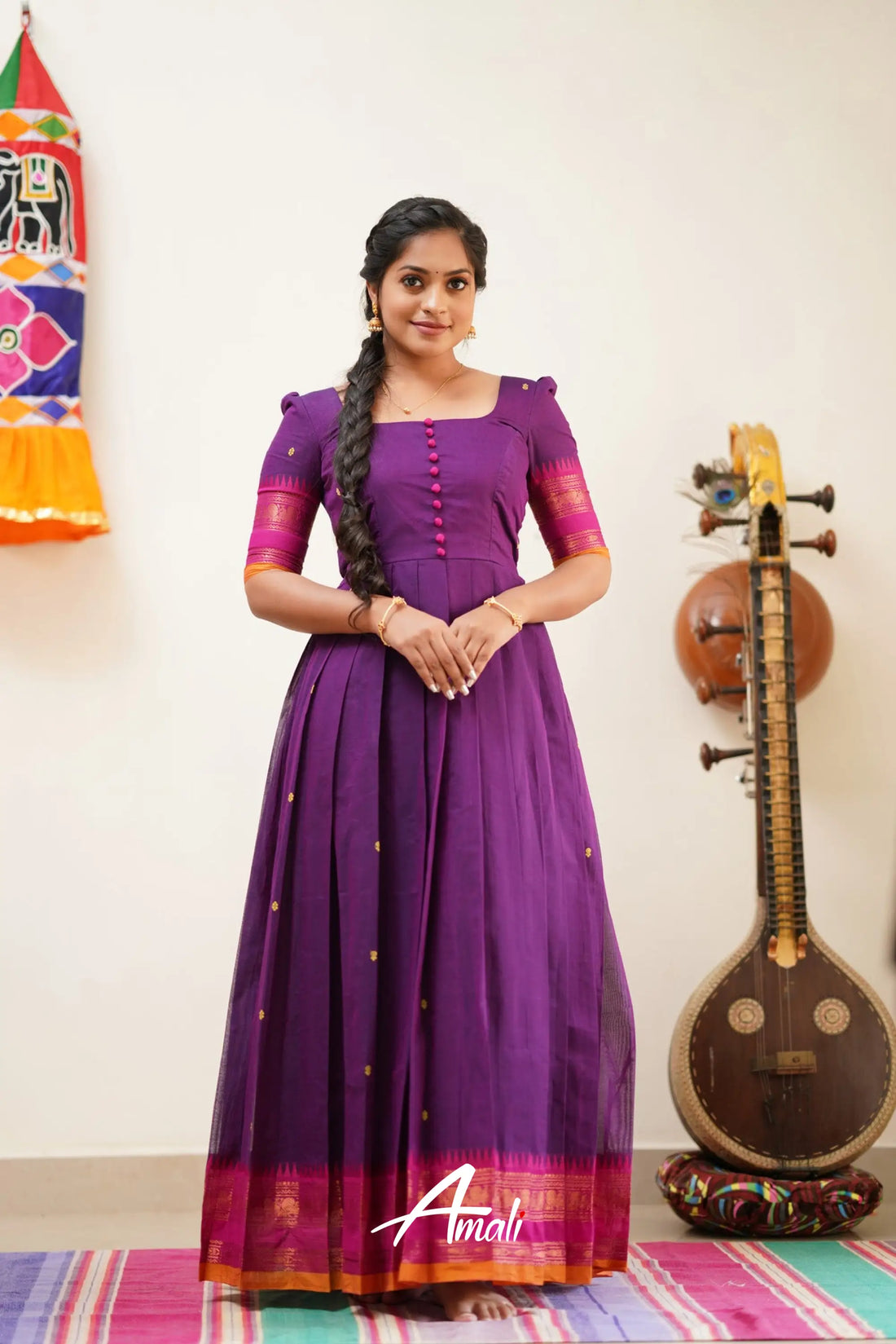 Violet Shade With Pink Cotton Long Gown Gown