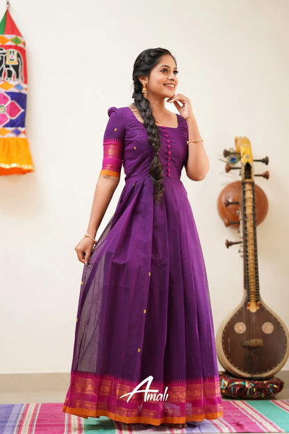 Violet Shade With Pink Cotton Long Gown Gown