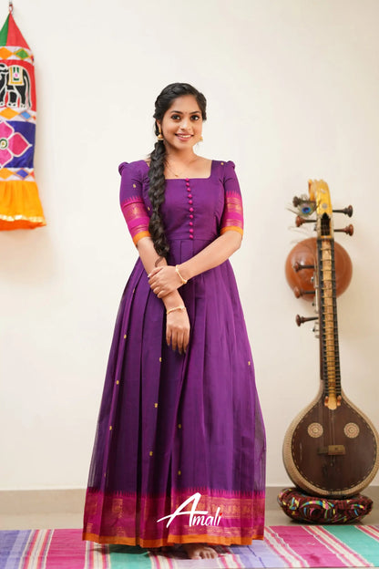 Violet Shade With Pink Cotton Long Gown Gown