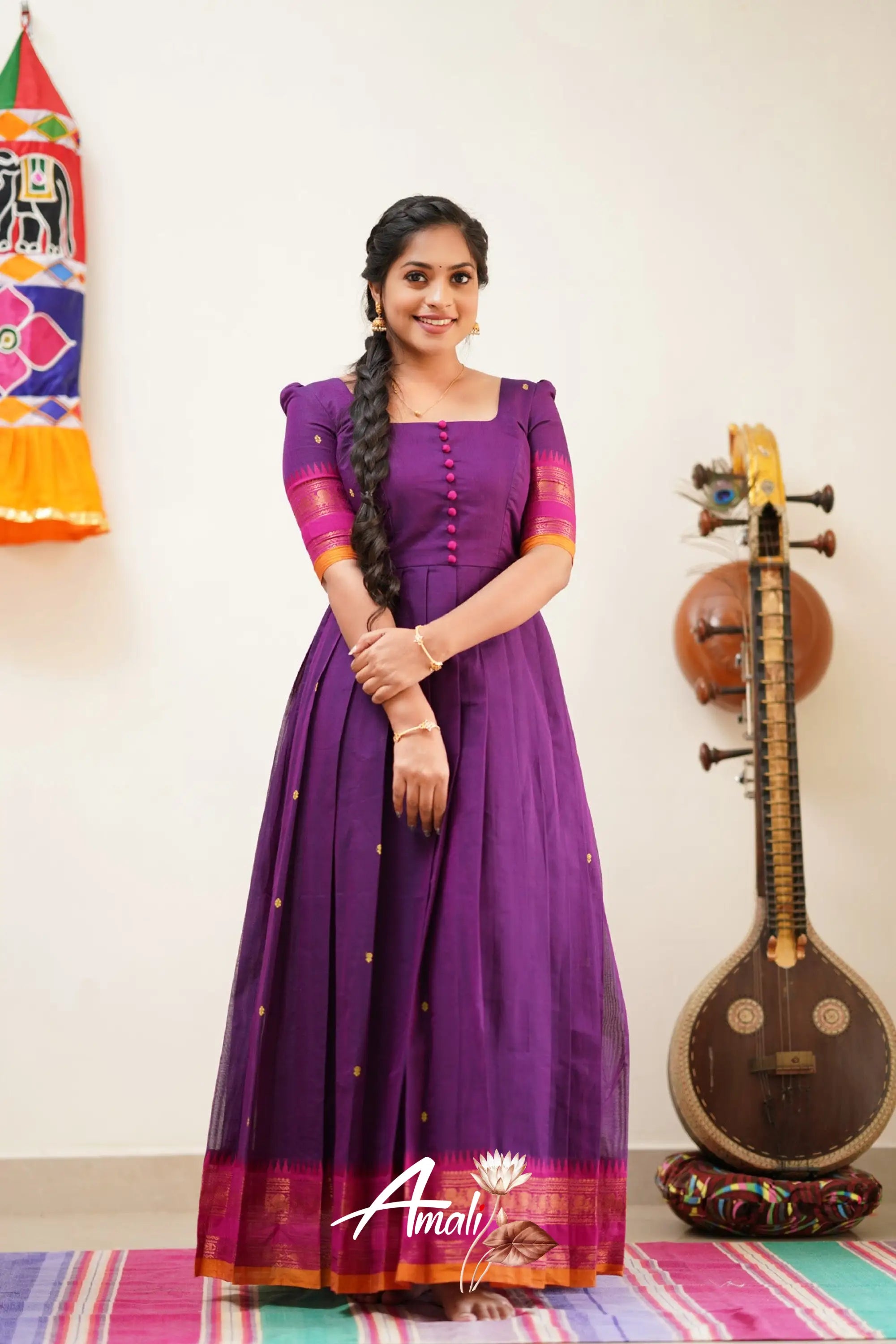 Violet Shade With Pink Cotton Long Gown Gown