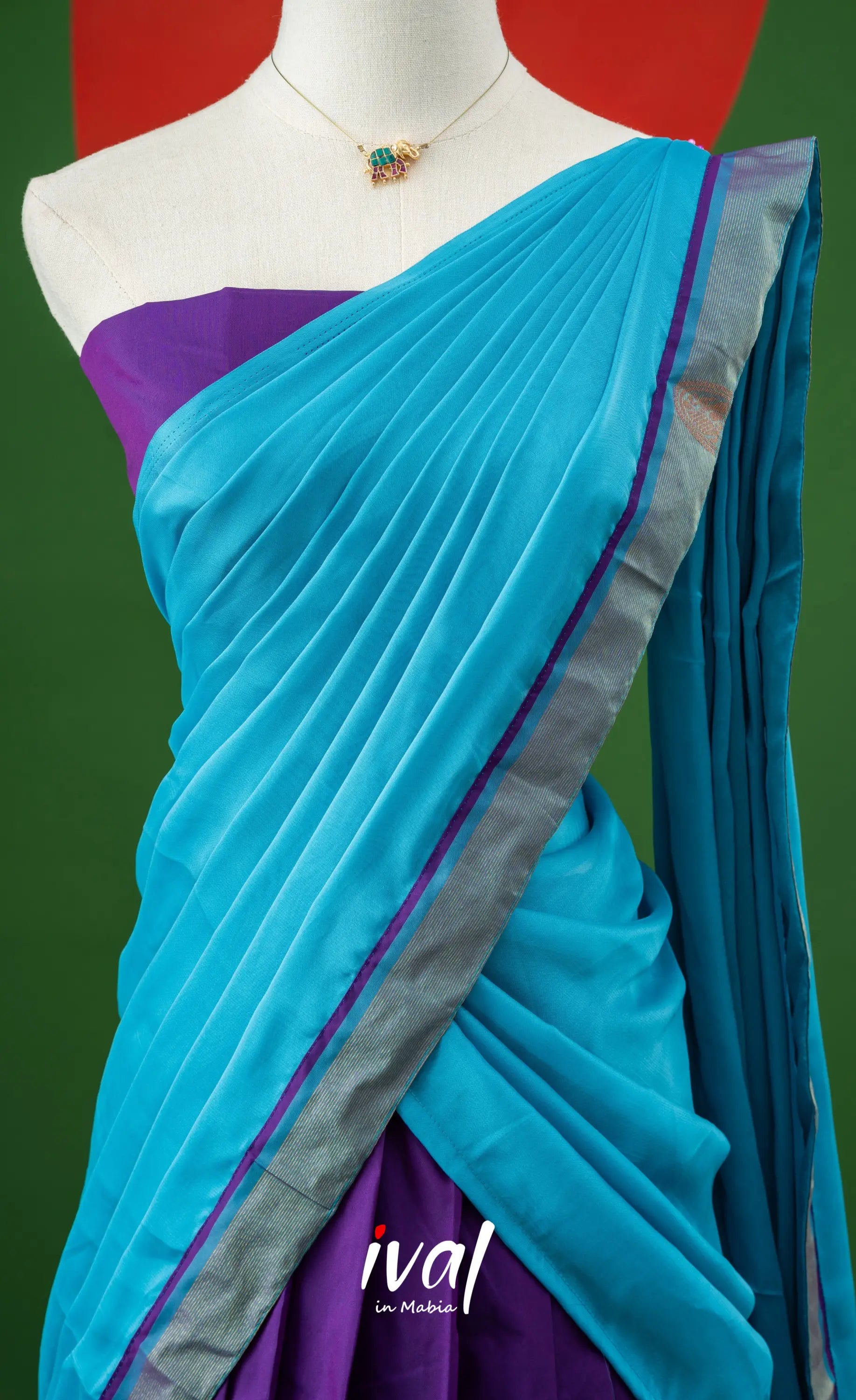 Violet with Sky Blue Semi-Stitched Blended Silk Halfsaree Half Sarees