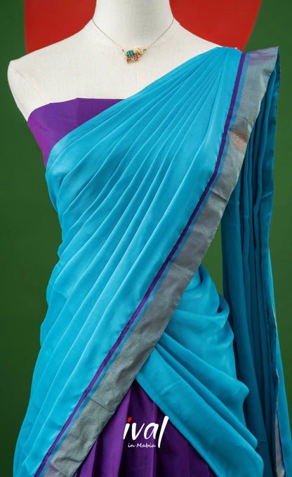 Violet with Sky Blue Semi-Stitched Blended Silk Halfsaree Half Sarees