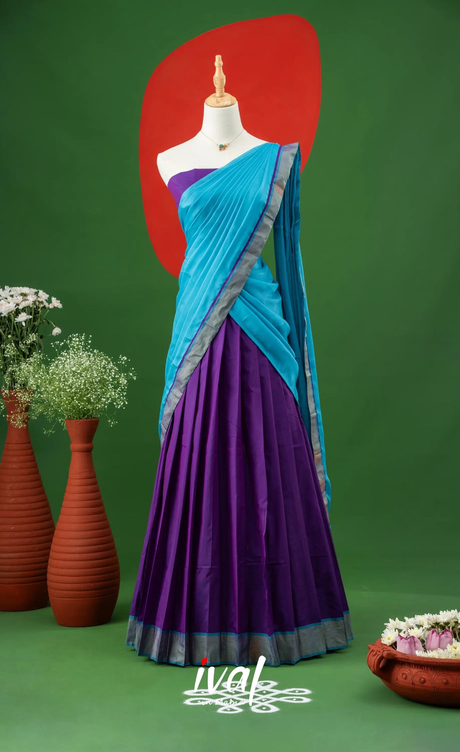 Violet with Sky Blue Semi-Stitched Blended Silk Halfsaree Half Sarees