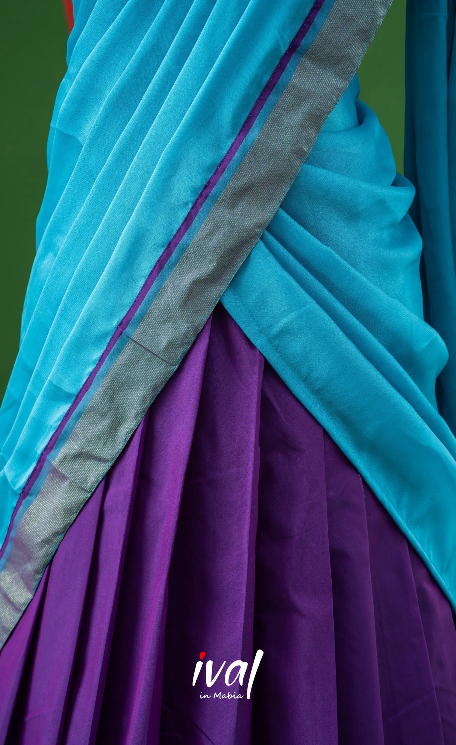 Violet with Sky Blue Semi-Stitched Blended Silk Halfsaree Half Sarees