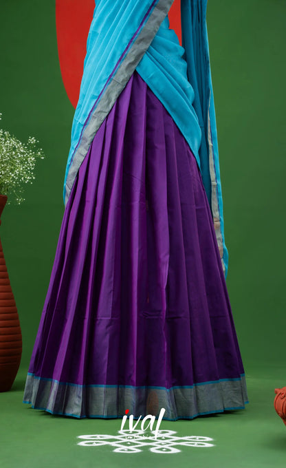 Violet with Sky Blue Semi-Stitched Blended Silk Halfsaree Half Sarees