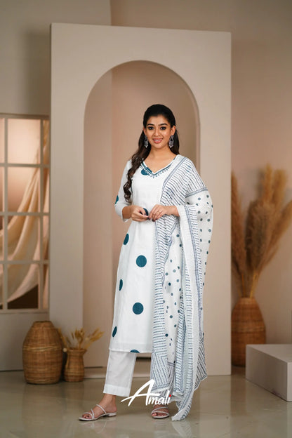 White And Dark Blue Cotton Salwar Anarkalis