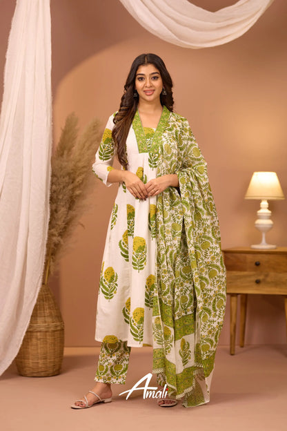 White And Leaf Green Cotton Salwar Anarkalis