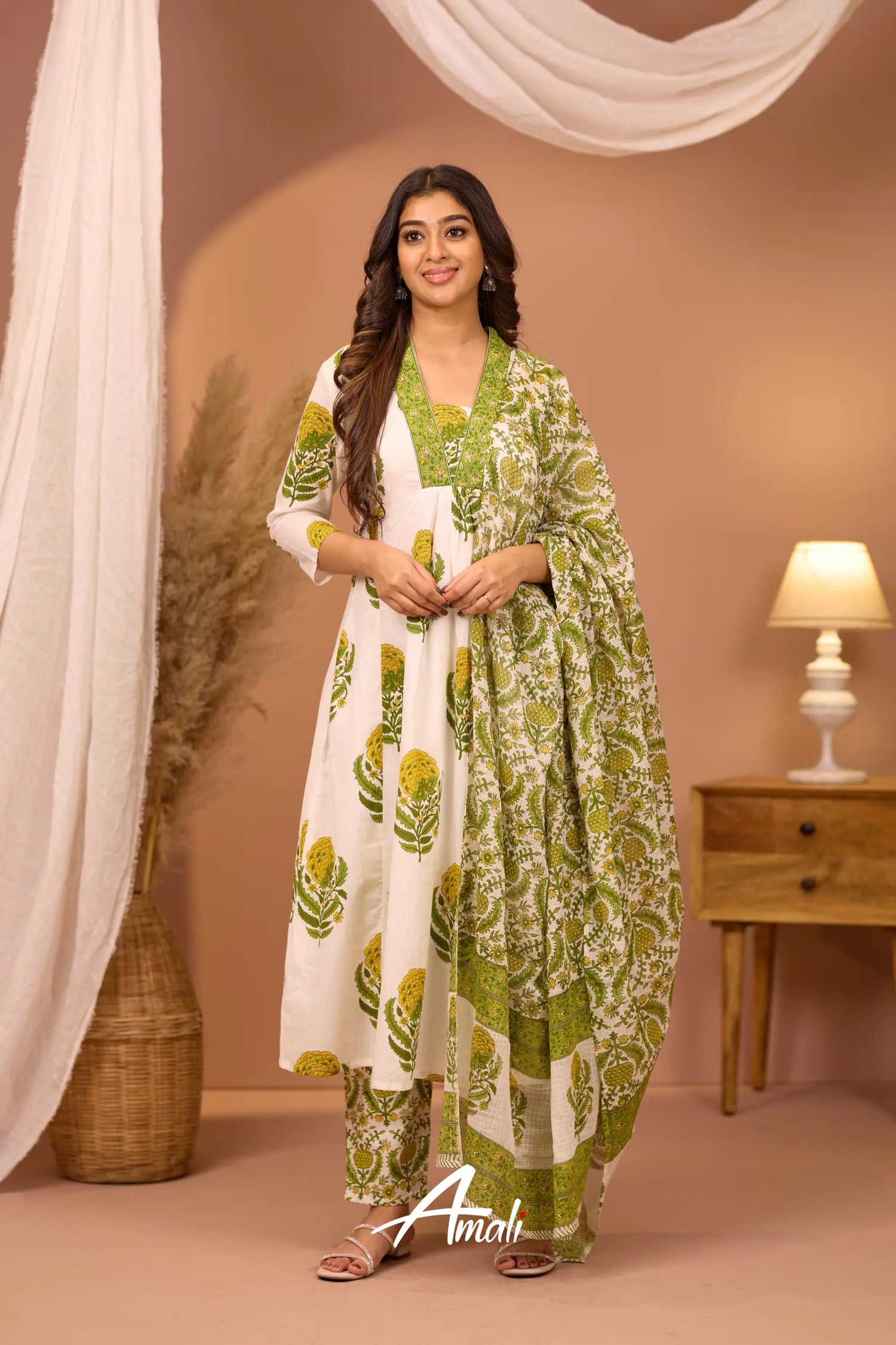 White And Leaf Green Cotton Salwar Anarkalis