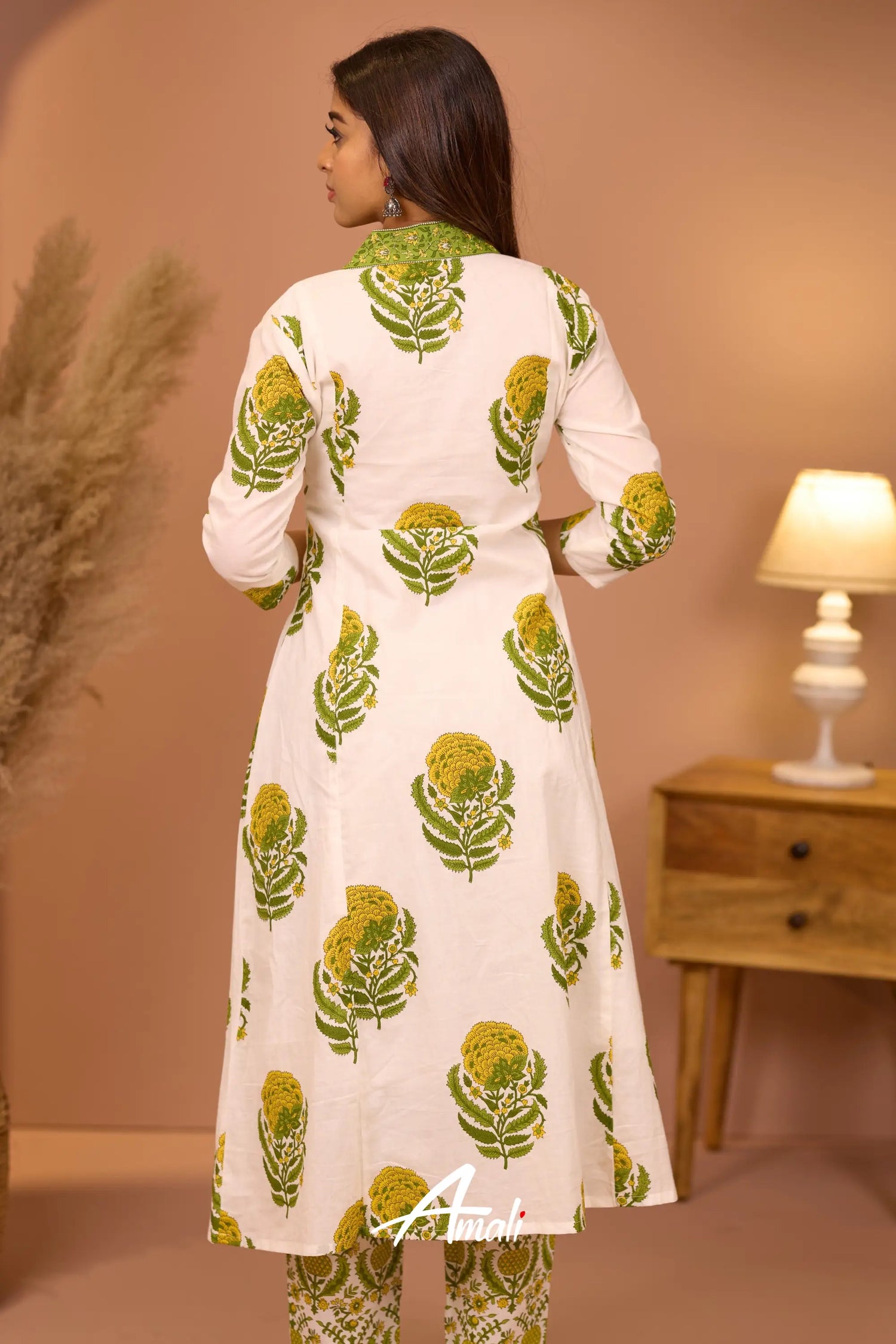 White And Leaf Green Cotton Salwar Anarkalis