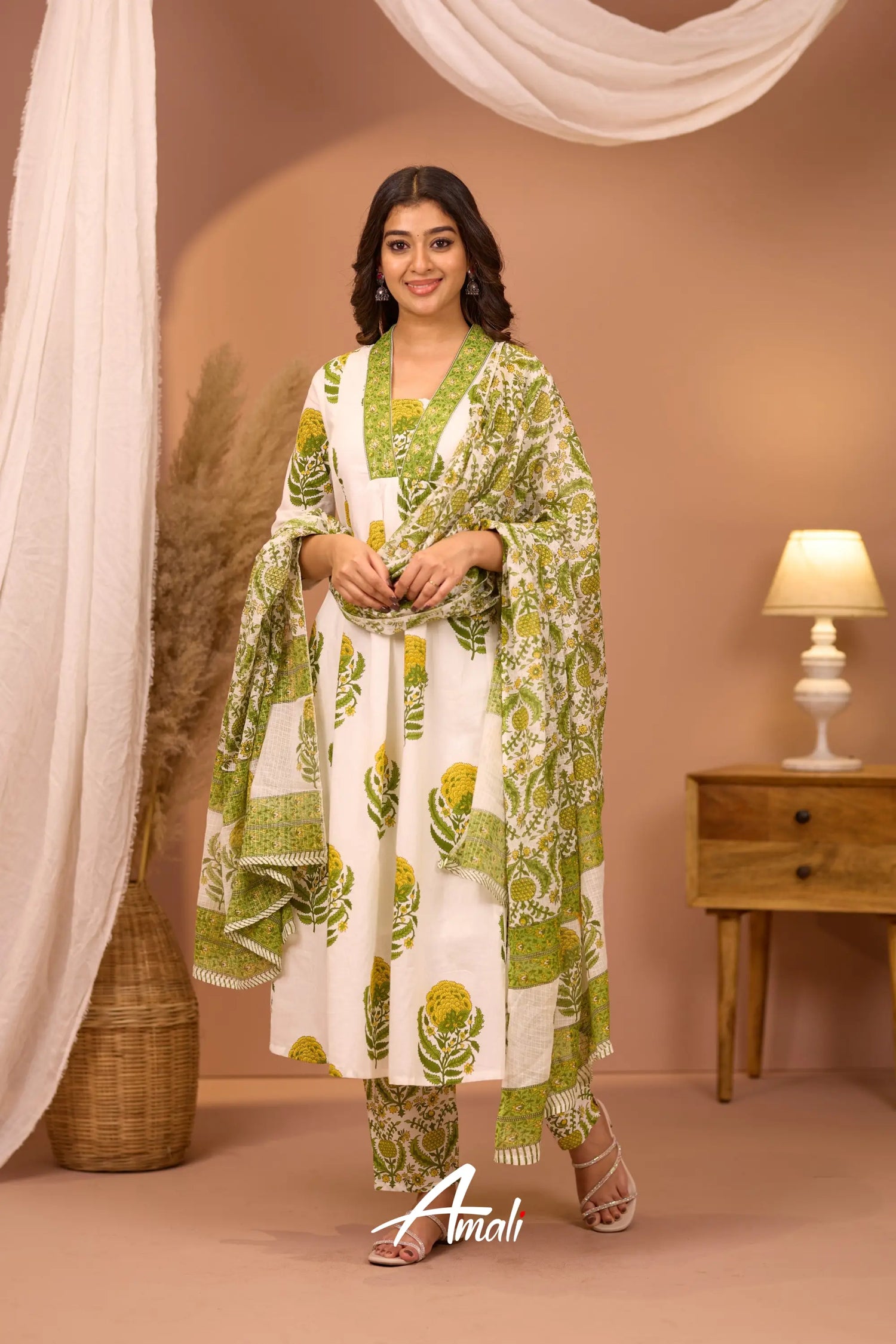 White And Leaf Green Cotton Salwar Anarkalis