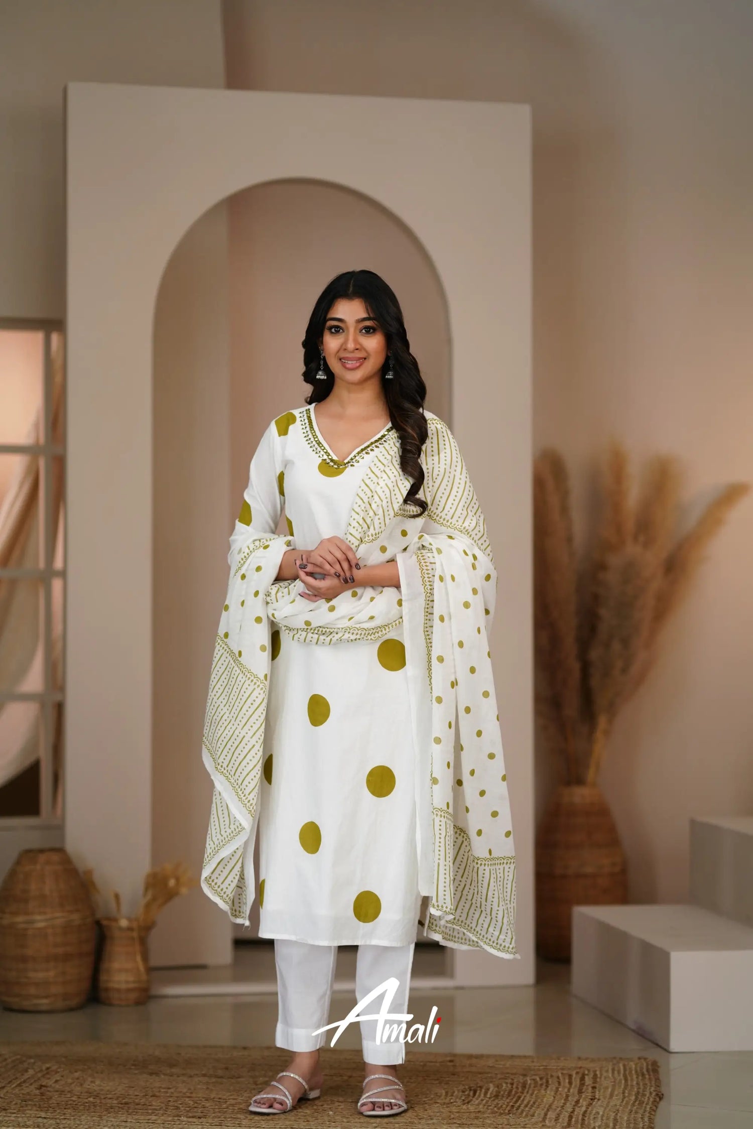 White And Olive Green Cotton Salwar Anarkalis