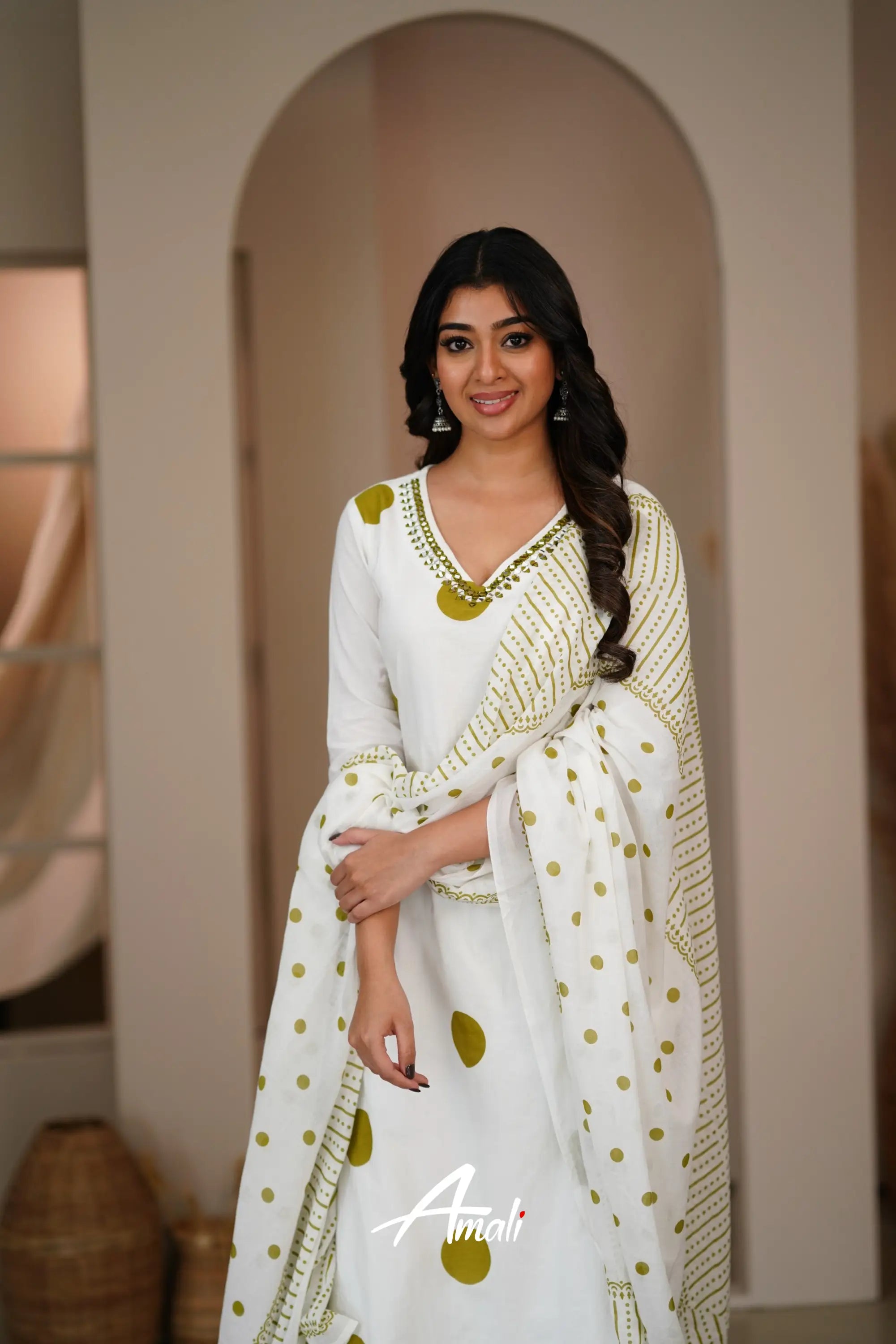 White And Olive Green Cotton Salwar Anarkalis