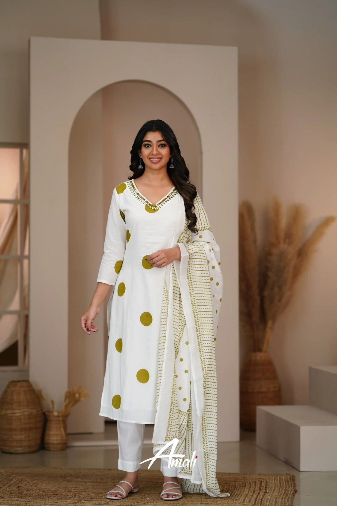 White And Olive Green Cotton Salwar Anarkalis