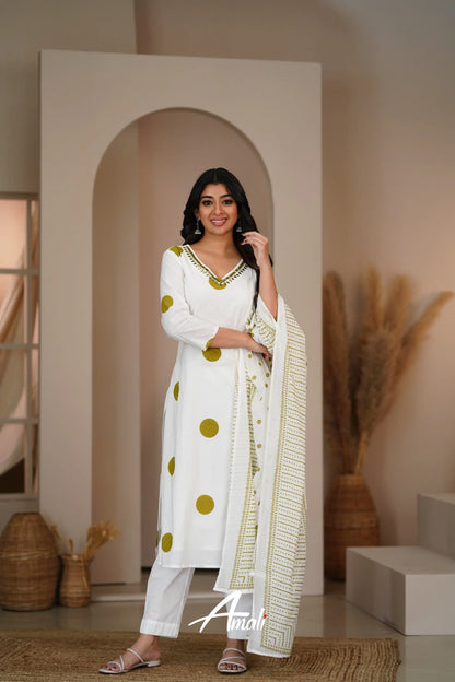 White And Olive Green Cotton Salwar Anarkalis