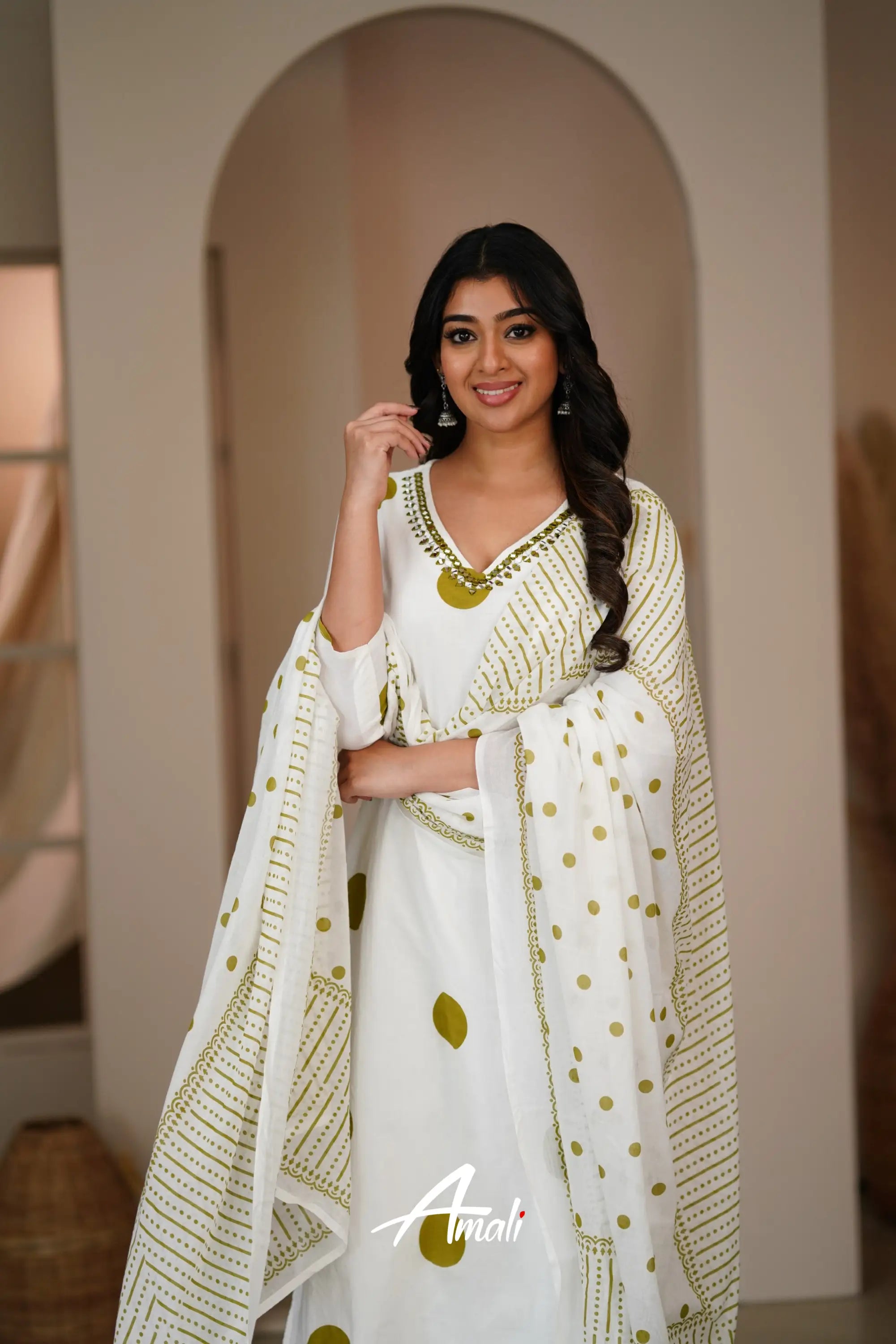 White And Olive Green Cotton Salwar Anarkalis