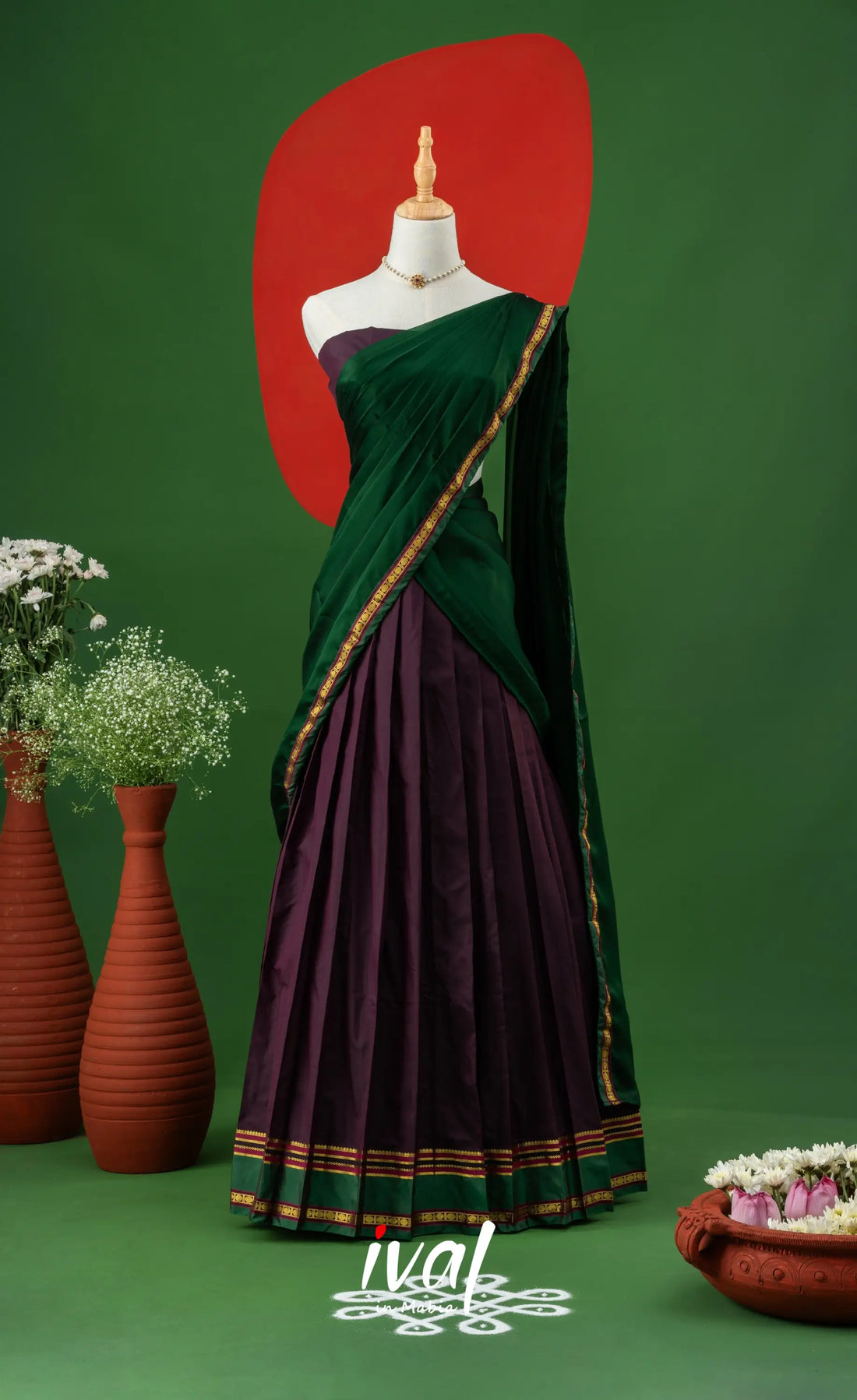 Wine with Bottle Green Semi-Stitched Blended Silk Halfsaree Half Sarees