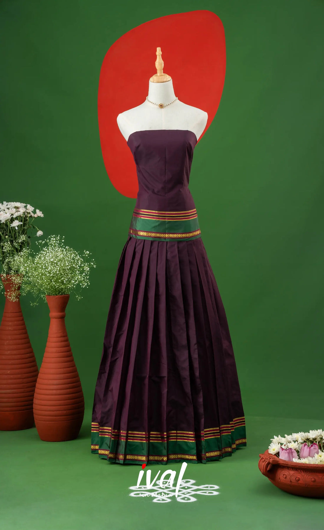 Wine with Bottle Green Semi-Stitched Blended Silk Halfsaree Half Sarees