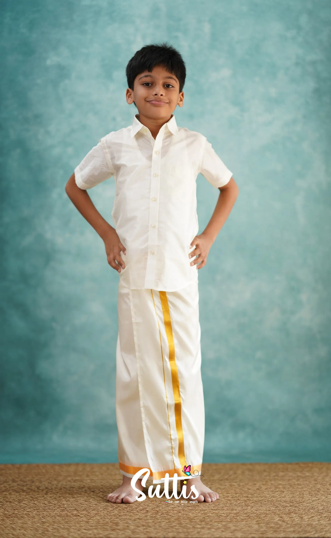 Yazhan - Cream Shade Veshti Sattai Kids-Suttis