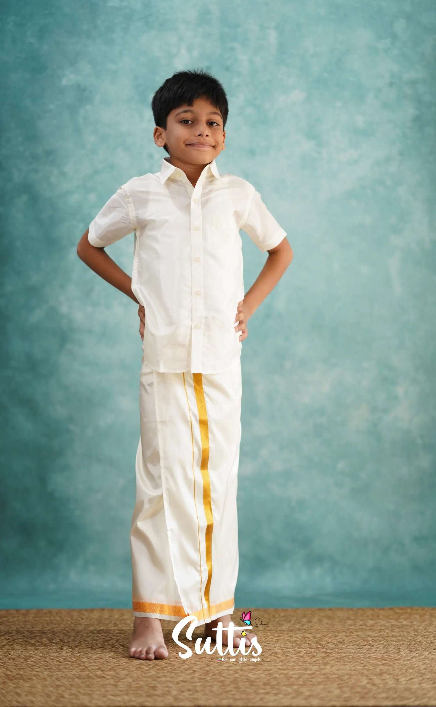 Yazhan - Cream Shade Veshti Sattai Kids-Suttis