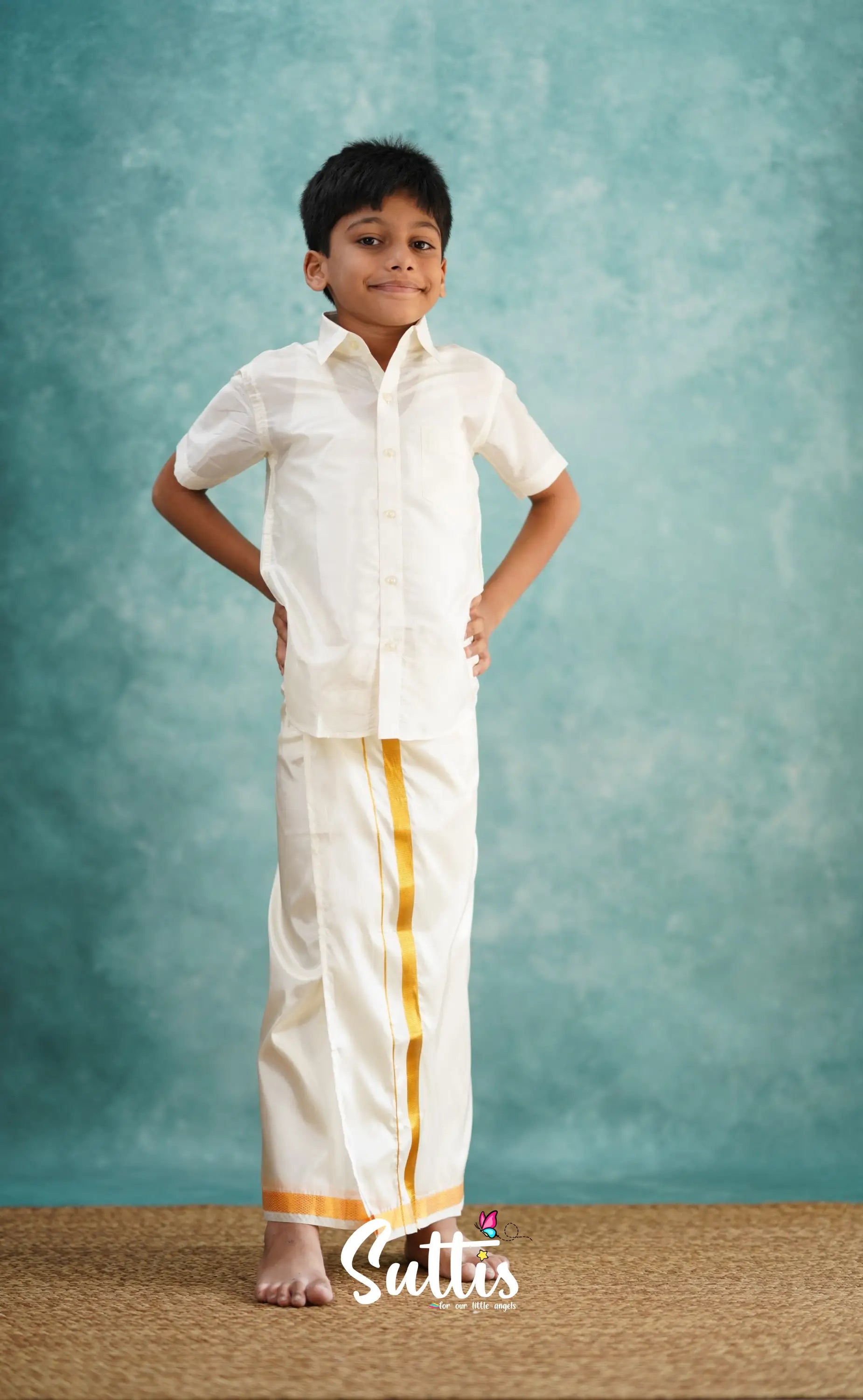 Yazhan - Cream Shade Veshti Sattai Kids-Suttis