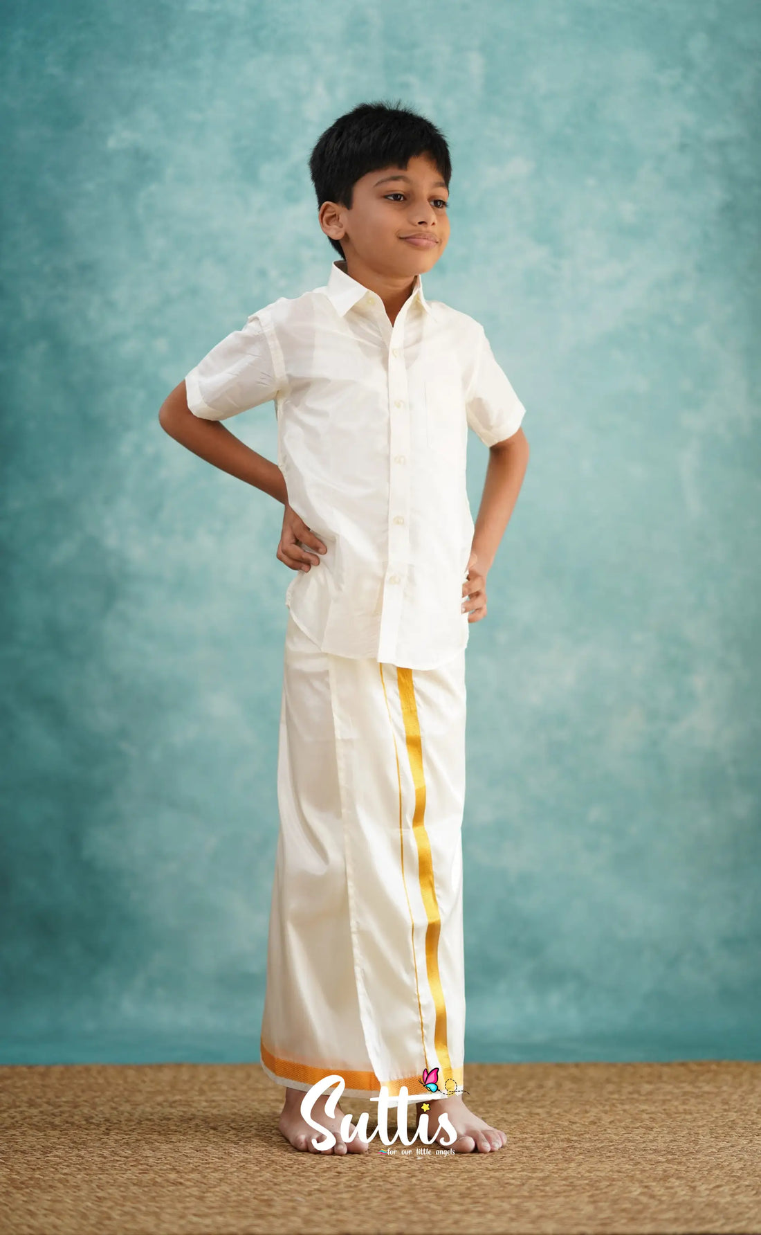 Yazhan - Cream Shade Veshti Sattai Kids-Suttis