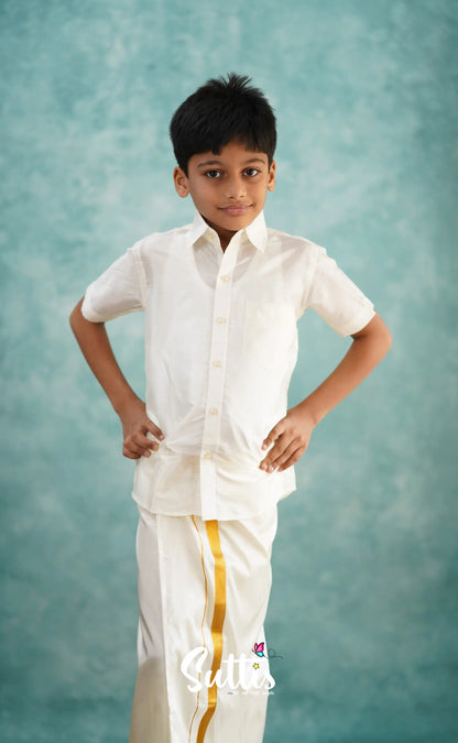 Yazhan - Cream Shade Veshti Sattai Kids-Suttis