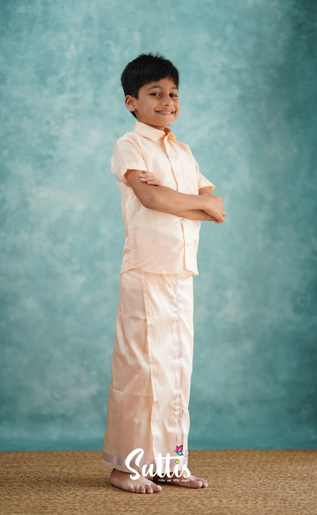 Yazhan - Light Coral Orange Shade Veshti Sattai Kids-Suttis