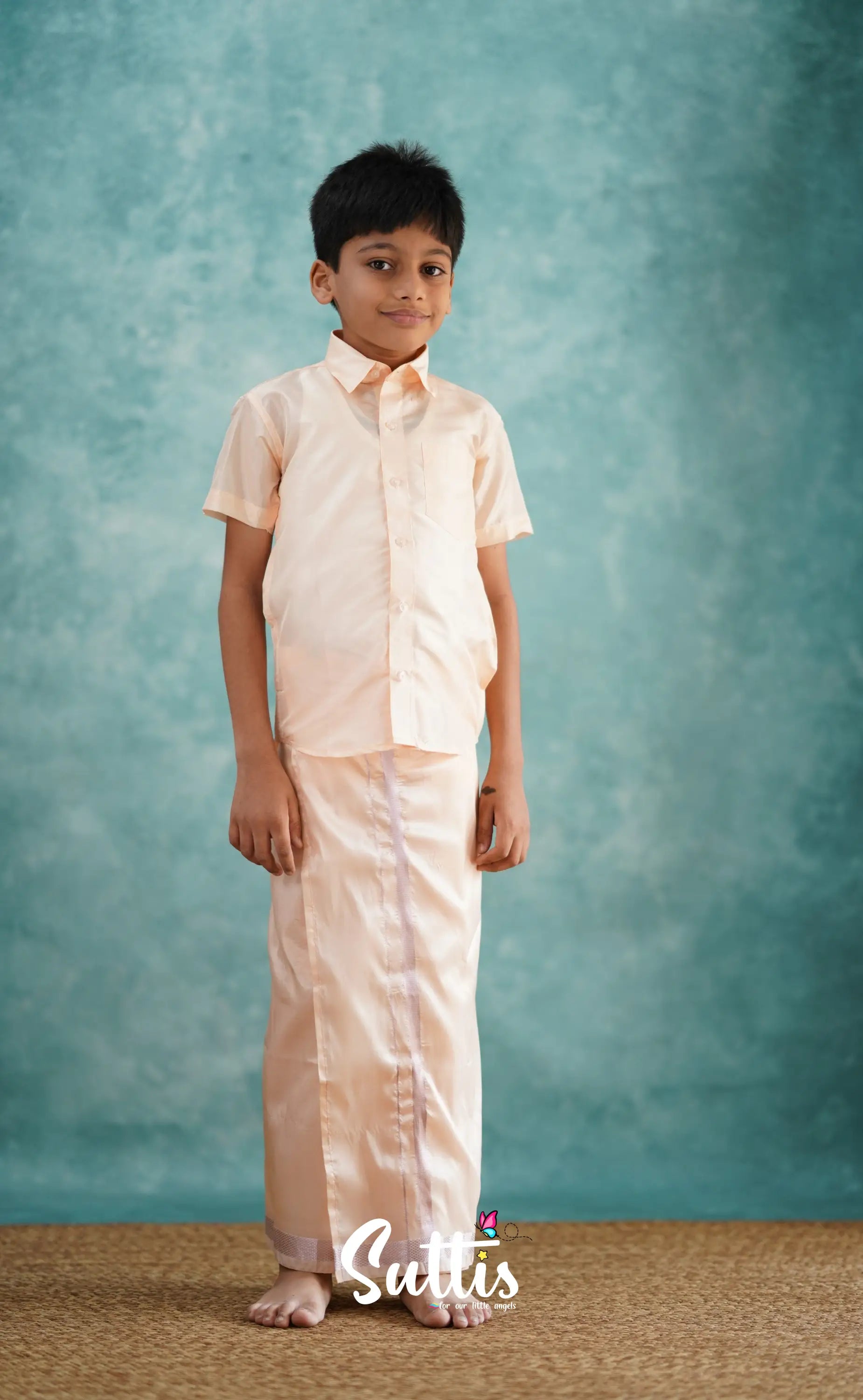 Yazhan - Light Coral Orange Shade Veshti Sattai Kids-Suttis