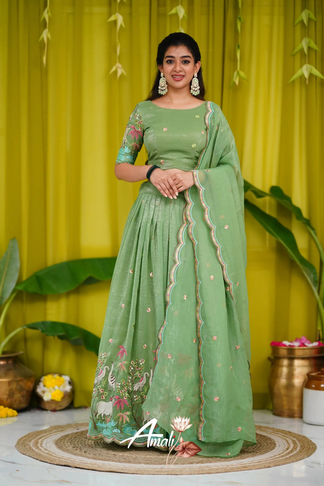 Zaara - Crop Top And Skirt Dull Green Crop Top Skirts