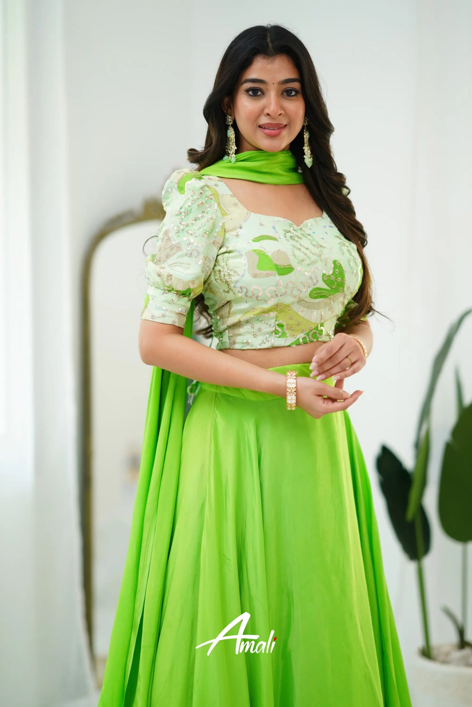 Zaara - Crop Top And Skirt Leaf Green Crop Top Skirts