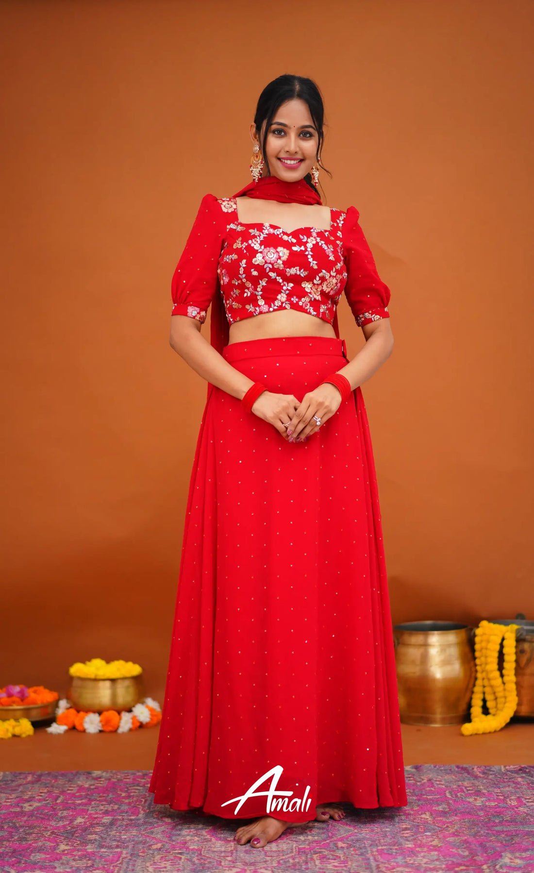 Zaara - Crop Top And Skirt Red Crop Top Skirts