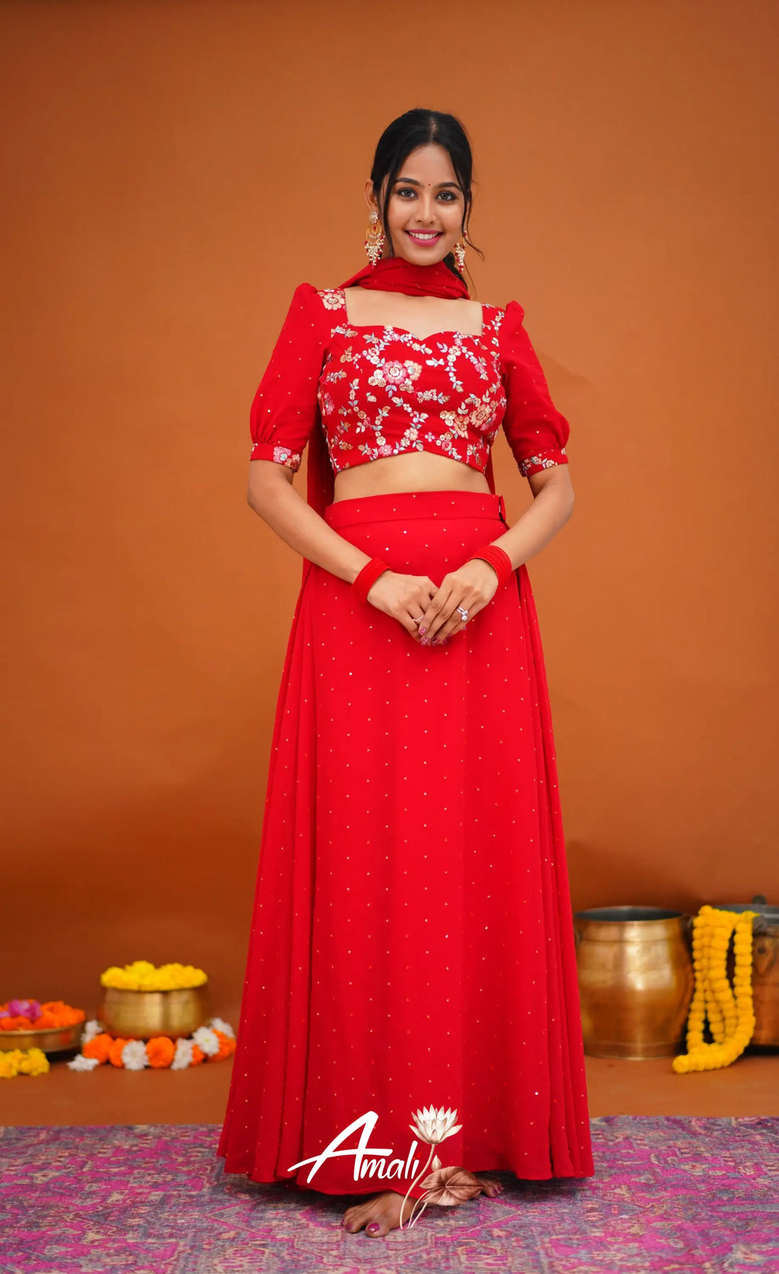 Zaara - Crop Top And Skirt Red Crop Top Skirts