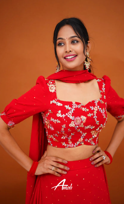 Zaara - Crop Top And Skirt Red Crop Top Skirts