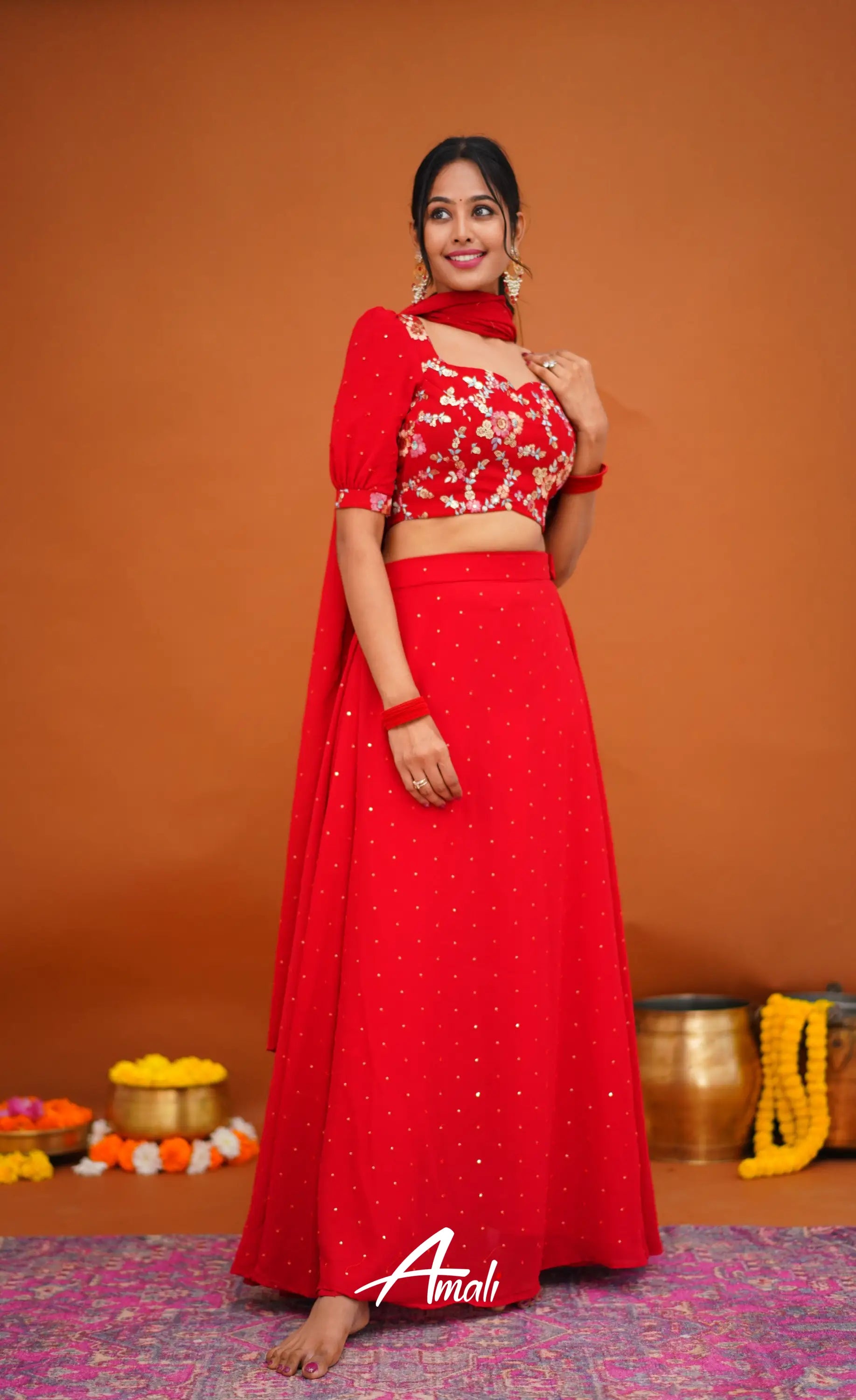 Zaara - Crop Top And Skirt Red Crop Top Skirts