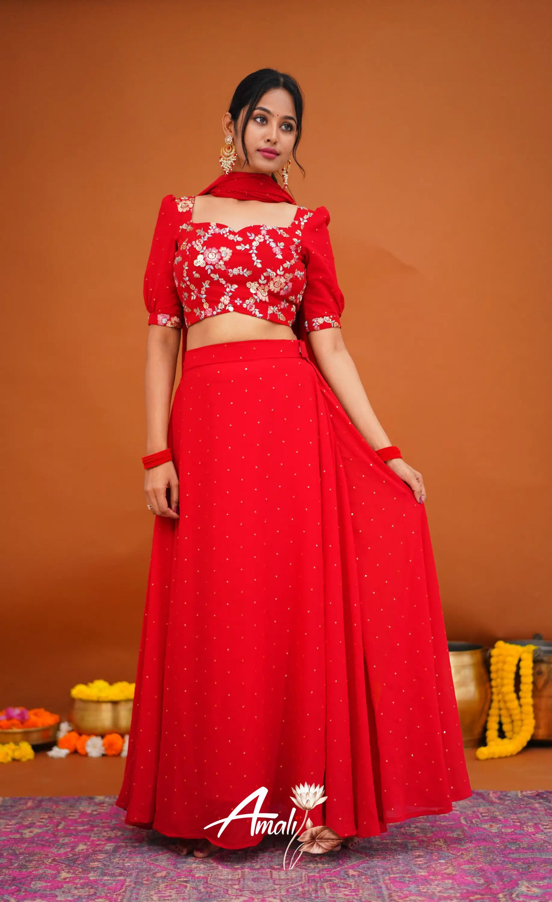 Zaara - Crop Top And Skirt Red Crop Top Skirts