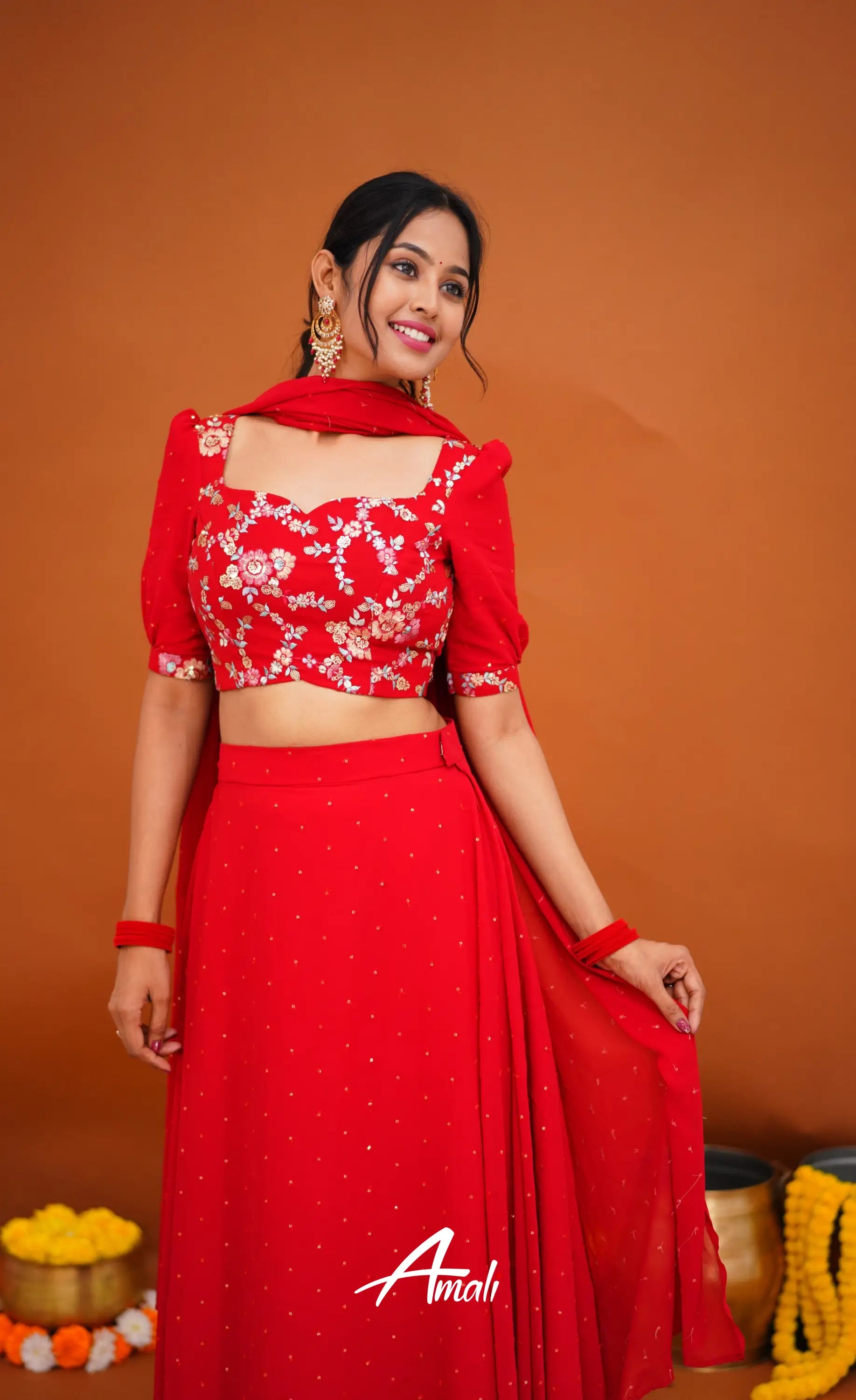 Zaara - Crop Top And Skirt Red Crop Top Skirts