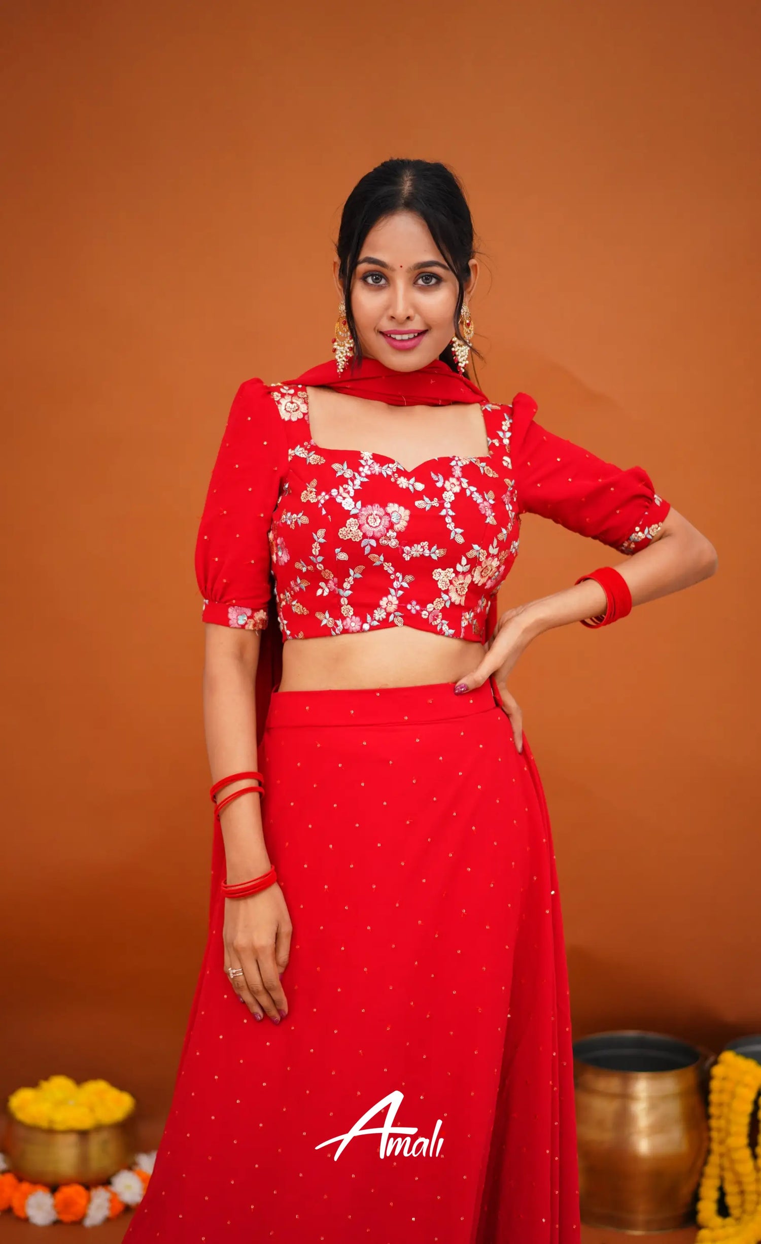 Zaara - Crop Top And Skirt Red Crop Top Skirts