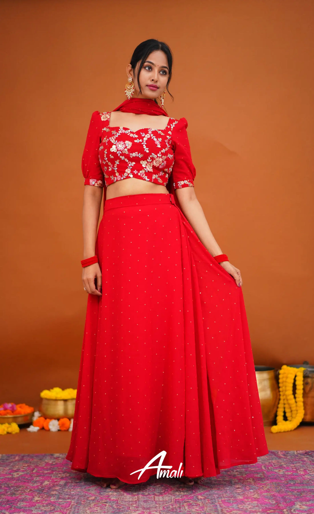 Zaara - Crop Top And Skirt Red Crop Top Skirts