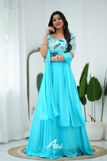 Zaara - Crop Top And Skirt Sky Blue Crop Top Skirts