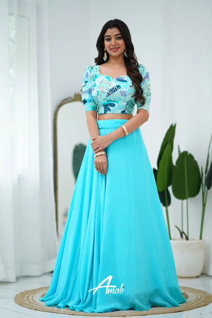 Zaara - Crop Top And Skirt Sky Blue Crop Top Skirts