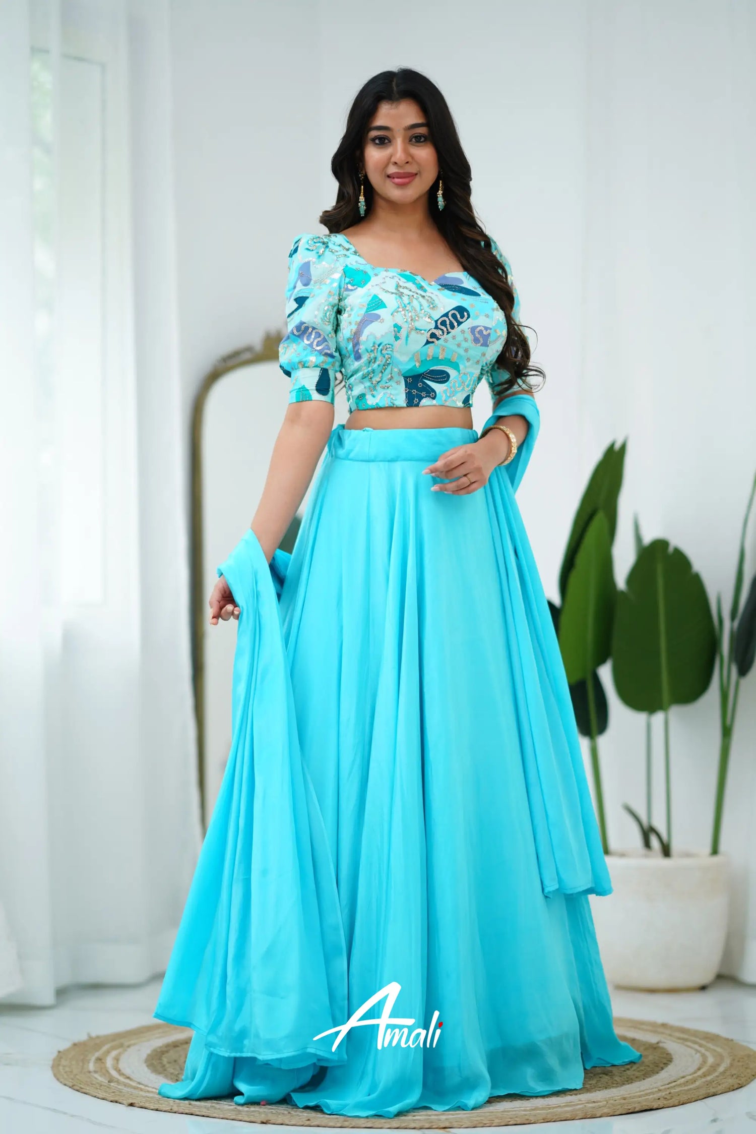 Zaara - Crop Top And Skirt Sky Blue Crop Top Skirts