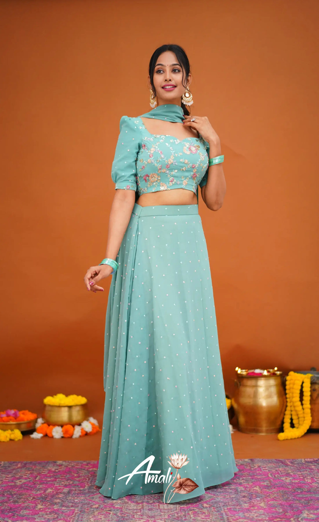 Zaara - Crop Top And Skirt Teal Blue Crop Top Skirts