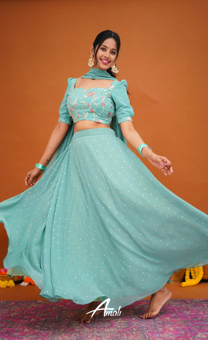 Zaara - Crop Top And Skirt Teal Blue Crop Top Skirts